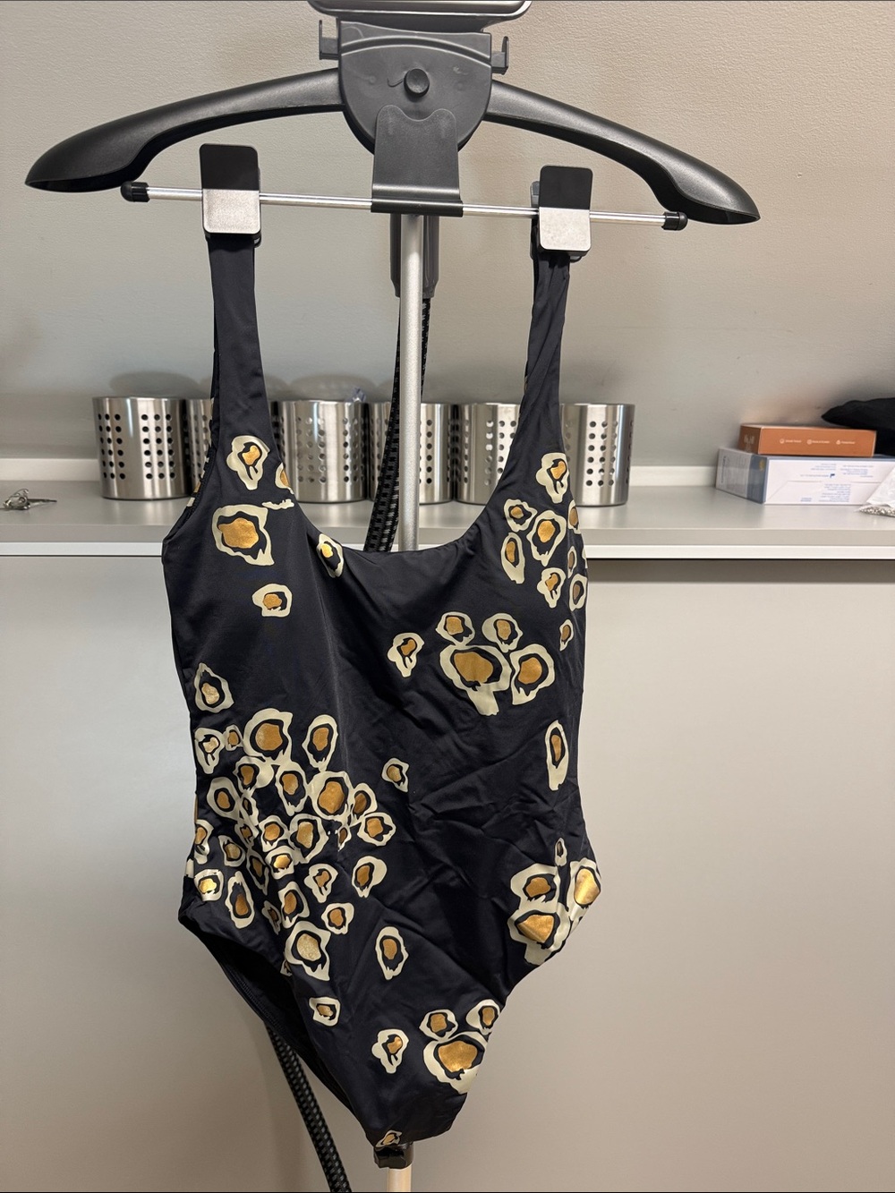 Cynthia Rowley Black One-Piece Swimsuit with Gold and Cream Leopard Spots